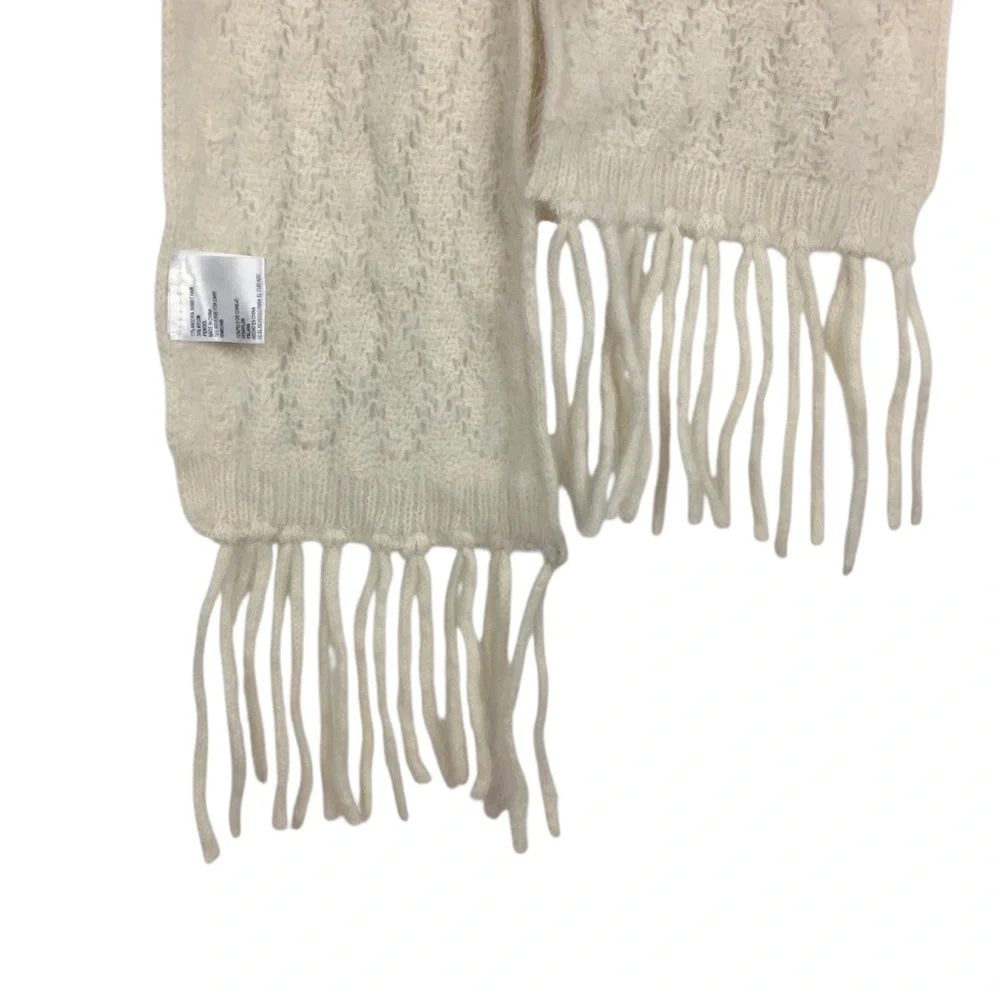 ANGORA Rabbit Hair Wool Blend Scarf Fresh Ivory Fringe Neutral Coastal Grandma